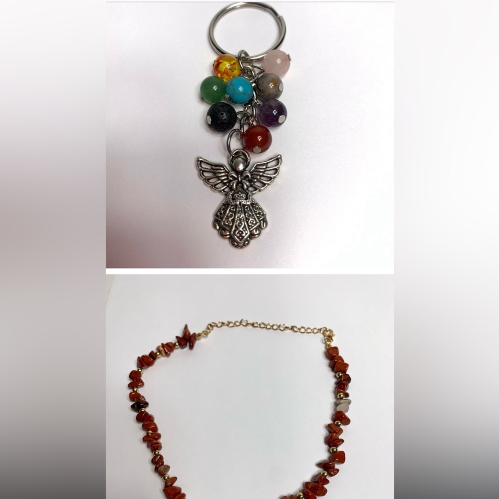 Choker style necklace & key chain. Red jasper stone chips